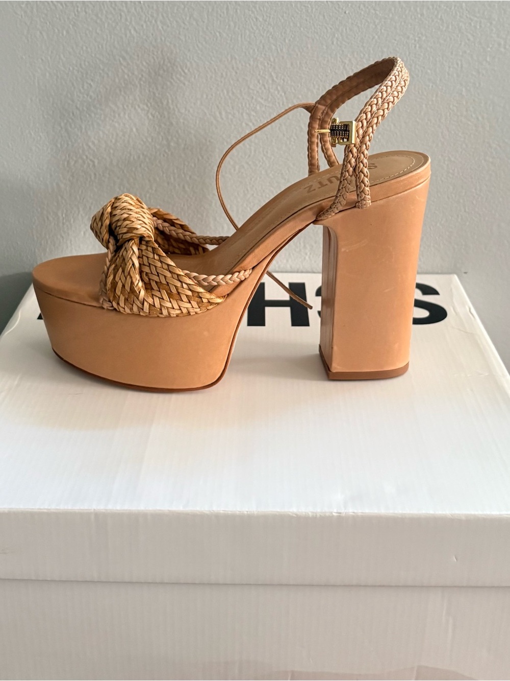 SCHUTZ Women's Tan Woven Platform Block Heel Sandals | size: 37 |  light wood